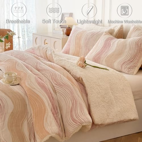 Image of Tufted Fleece Comforter Set Queen- Super Soft Warm Fluffy Shaggy Bedding Sets, Wavy Lines Jacquard Bed Set for Winter, 1 Sherpa Comforter with 2 Pillow Cases (90 inchX90 inch Pink Wavy)
