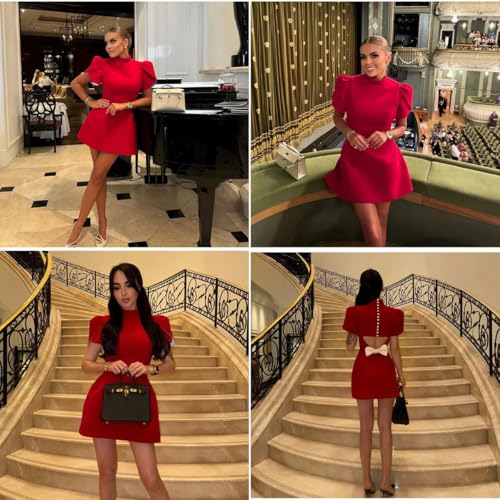 Image of AMPOSSTO Women's Elegant Bow Backless Hollow Out Mini Dress Turtleneck Short Sleeve Pad Shoulder Dresses for Party Cocktail