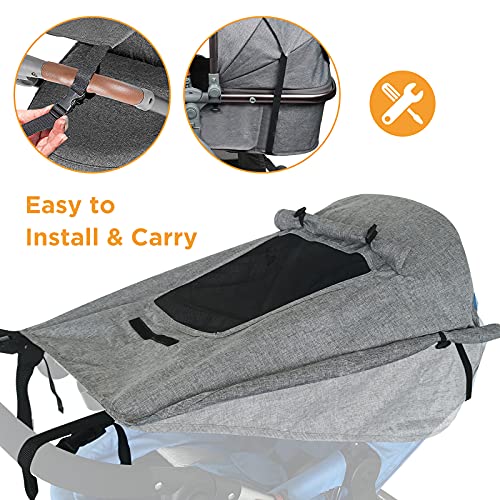WD&CD Sonnensegel Kinderwagen mit UV Schutz 50+ und Wasserdicht, Double layer fabric mit Sichtfenster und extra breite Schattenflügel, Grau