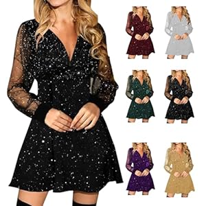 Generisch Glitzer Kleid Damen, Curvy Silvester Paillettenkleid Glitzerkleider Große Abendgarderobe Langarm Fest Pulli Cocktailkleid Für Schöne Winterkleider Frauen Abendkleid Schwarz L