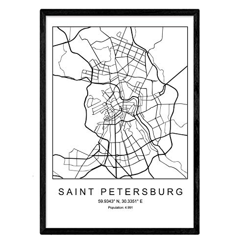 Nacnic Lámina Mapa de la Ciudad Saint Petersburg Estilo nordico en Blanco y Negro. Poster tamaño A3 Sin Marco Impreso Papel 250 gr. Cuadros, láminas y Posters para Salon y Dormitorio