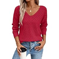 SHEWIN Womens Sweaters Casual V Neck Sweater for Women Lightweight Womens Fall Tops Long Sleeve Shirts Sweaters for Women Fall Outfits 2025 Racing Red Small
