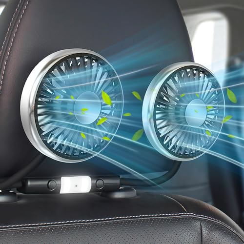 Helmsyde Ventilador de Coche para asiento trasero, Ventilador USB de Doble Cabeza para Coche, 5V 2A ventilador de refrigeración para coche, 3 velocidades 360 grados con luz para SUV RV camión