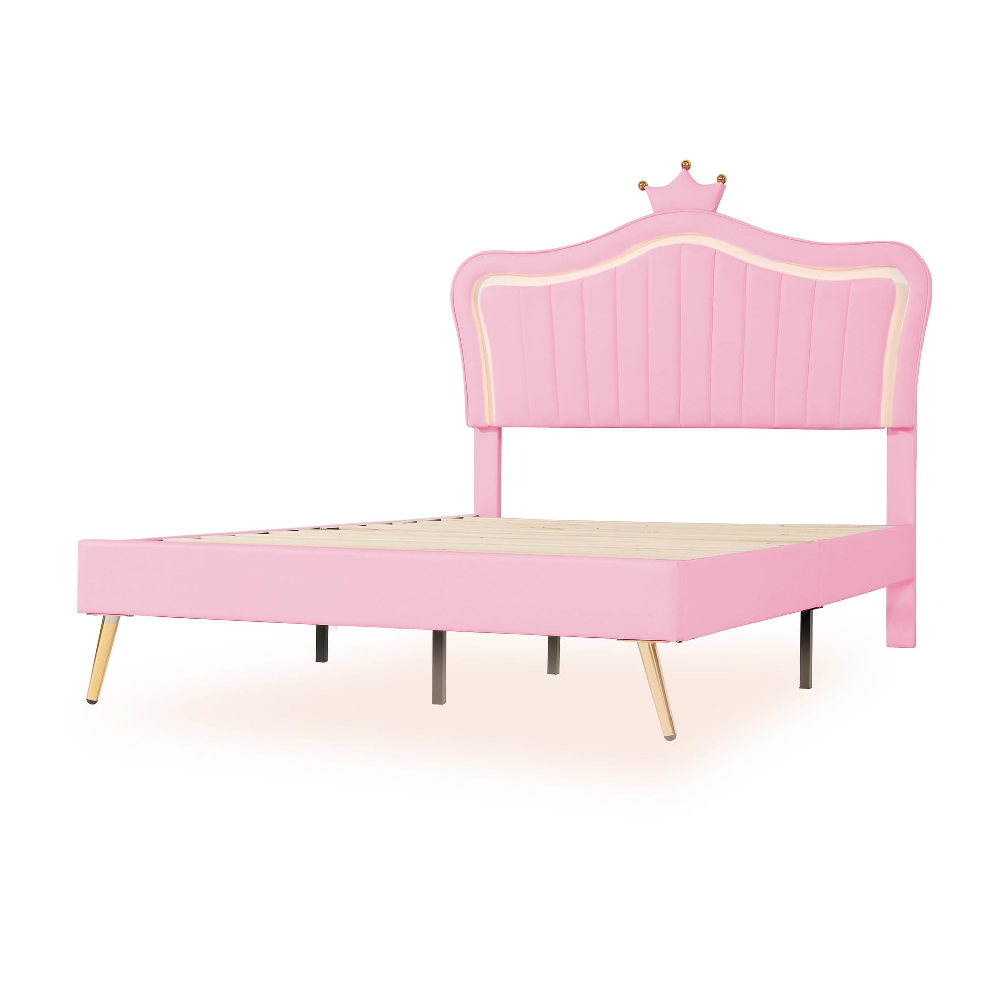 Cama infantil tapizada, marco de cama para niñas, marco de cama doble de piel sintética con luces LED, somier de láminas y respaldo (colchón no incluido) (rosa, 140 x 200 cm)