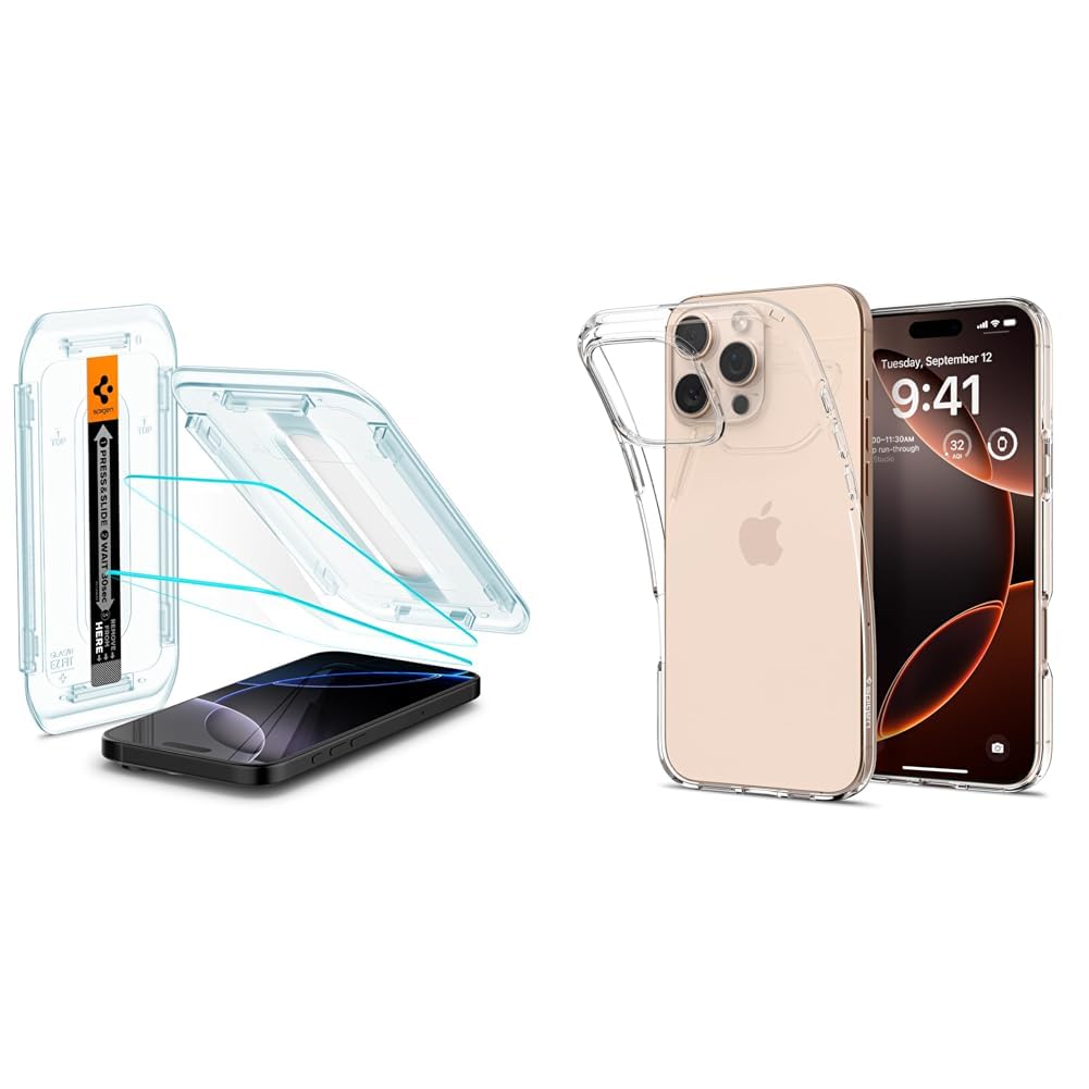 Spigen iPhone 16 Pro Cam Ekran Koruyucu Kolay Kurulum Glas.tR EZ Fit Slim HD (2 Adet) - AGL07928 & iPhone 16 Pro Kılıf Liquid Crystal 4 Tarafı Tam Koruma Crystal Clear - ACS08112