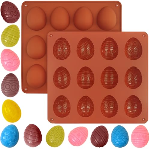 BFJ Easter Egg Silicone Moulds 2pcs Egg Easter Chocolate Moulds 12 Style Egg Candy Molds Non-Stick, Red, Egg - 12 Cavity
