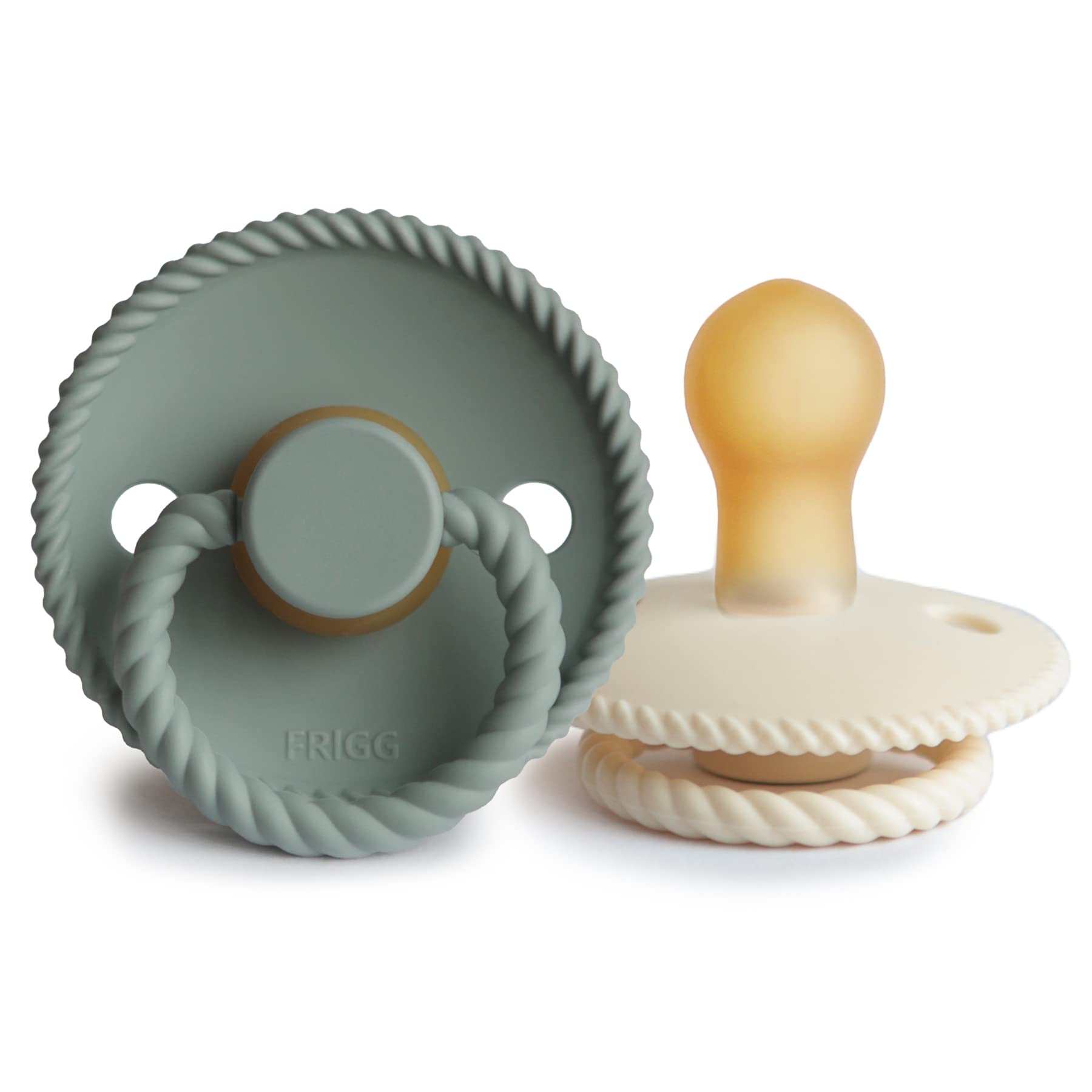 FRIGG Rope Latex Pacifier | 2-Pack | Natural Rubber Soother | Symmetrical Cherry Shaped Nipple | BPA Free | Made in Denmark | Latex Dummy Pacifier | Cream/Sage - Size 1 (0-6 Months)