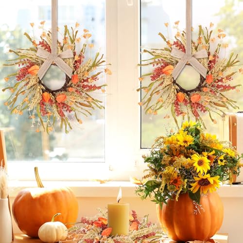 Image of 12 Pcs Fall Candle Rings 9 inch Thanksgiving Autumn Wreaths with Flowers for Tables Artificial Farmhouse Candle Rings Wreath for Front Door Porch Wall Window Decorations
