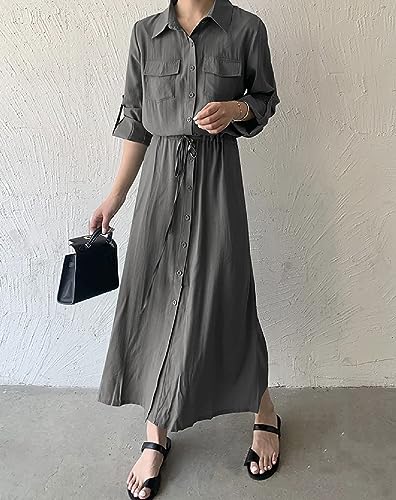 Image of Women Roll-Up Long Sleeve Button Down Shirt Midi Dress