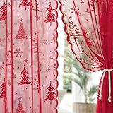 KYMRose Christmas Lace Curtains 63 Inch Length, 2 Panels Tree Weave Sheer for Living Room, Farmhouse Embroidery Rod Pocket Holiday Sheer, Red 52 x 63 Inch