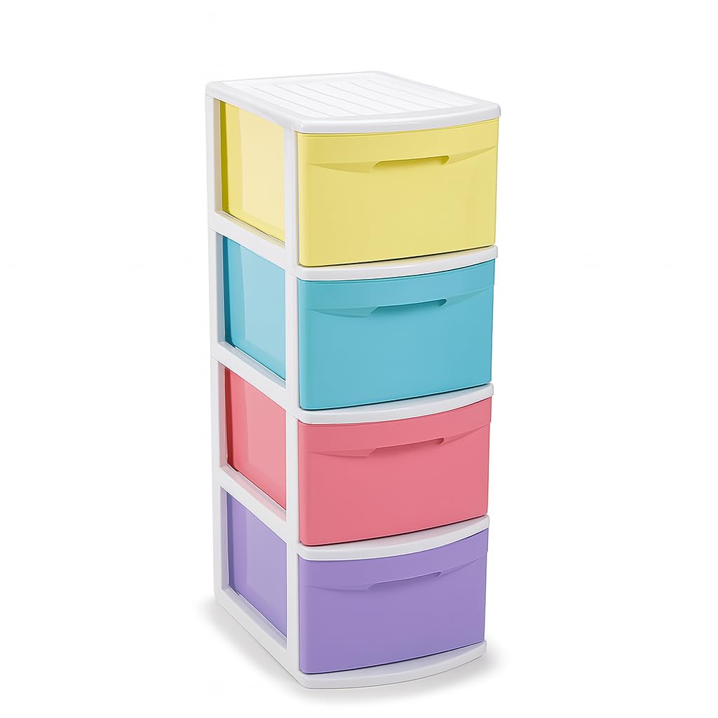 Muddy Hands Light Multi Colour 4 Drawer Plastic Storage Tower – Multicolour Chest Unit For Home, Office, School, Bedroom Or Classroom Organisation (Light Multi Colour)