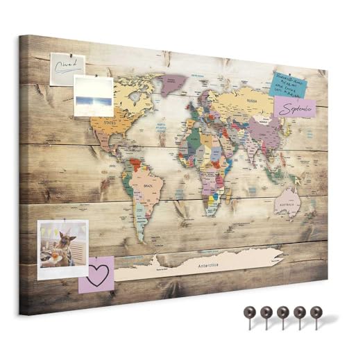 murando - Mapamundi con tablero para clavar chinchetas 120x80 cm - Cuadro en Lienzo sintético - 1 parte - Panel de Fibra - Mapa del Mundo Continente - viajes geografia Vintage k-C-0077-v-a