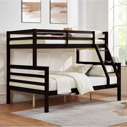 FLEXISPOT Twin Over Full Solid Wood Bunk Bed with Thick Posts,Wooden Bunk Bed with High Guardrail and Ladder for Kids, Teens, Dorm Rooms, and Guest Rooms,No Box Spring Needed,Espresso