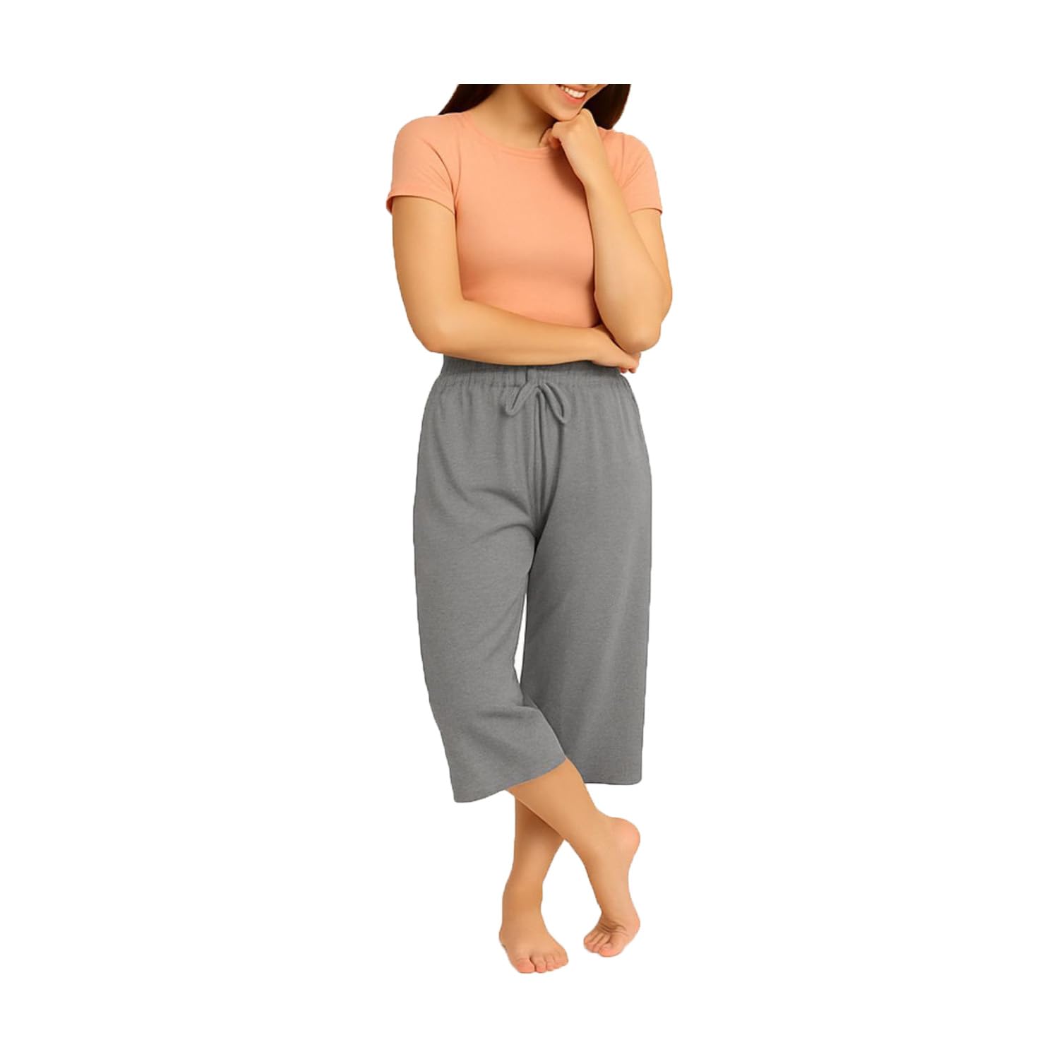 Women's Cotton Loosefit Capris For Girls Elastic With Drawstring Waist Single Pack (Grey)-picture-51