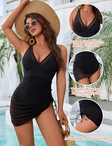 Blooming Jelly Women's One Piece Swimsuit Tummy Control Swim Dress Modest Bathing Suit Mesh Sarong Wraps Swim Suits2