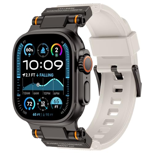Image of FOAMUNOC Rugged Band Compatible with Apple Watch Ultra 3 /2 /1 Band 49mm /46mm /45mm /44mm /42mm, Metal Connector with Strap for iWatch Ultra Series 11 /10 /9 /8 /7 /6 /SE3 /SE2 /SE /5 /4 /3 /2 /1, Starlight /Black
