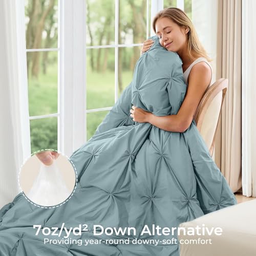 Image of Sasttie King Size Comforter Set, 7-Piece Bed in a Bag, Pintuck Bedding Sets for All Season, Includes Comforter, Flat Sheet, Fitted Sheet, Pillowcases and Pillowshams, Greylish Blue