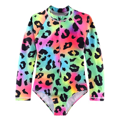 Image of Girls Swimsuits One Pieces Long Sleeve Swimwear UPF50+ Toddler Kids Zipper Sun Protection Bathing Suits Sizes 2-12