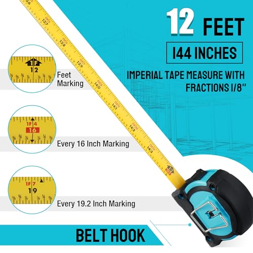 image for DURATECH Magnetic Tape Measure 12FT with Fractions 1/8, 2 Pack Retract