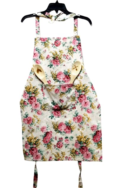 JYOTEX Vintage Floral Cotton Kitchen Apron, Pink and Yellow Rose Print, Adjustable Straps with Pockets (D)-picture-18