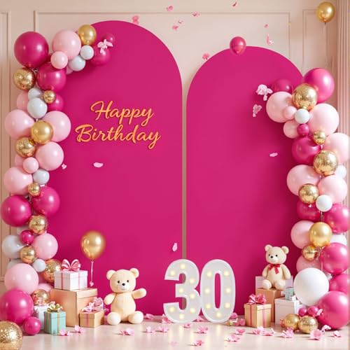 Image of Hot Pink Arch Cover 2 Set-7.2FT, 6FT Arch Backdrop Cover Spandex Fitted Wedding Arch Stand Covers for Bridal Shower Baby Shower Birthday Party Ceremony Banquet Photo Background Decorations