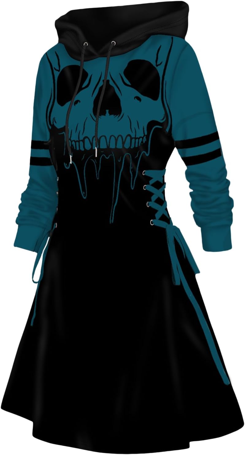 DRESSFO Women’s Gothic Skull Print Hoodie Dress – Long Sleeve Lace Up Colorblock A-Line Mini Dress with Hood