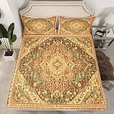 Vintage Twin Sheets Terracotta Art Deco Bed Sheets, Retro Bohemian Fitted Sheet Oriental Medallion Bed Sets, Tribal Paisley Bedding Set Women Girls Aesthetic Room Decor 2pcs (No Top/Flat Sheet)