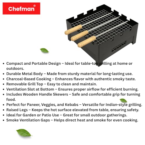 Image of Chefman Portable Charcoal Barbeque Grill | Outdoor BBQ Set with 3 Skewers | Portable & Compact Tandoor for Home, Picnic, Camping