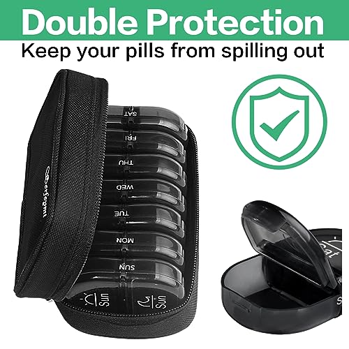 Image of Serfeymi Weekly Travel Pill Organizer 2 Times A Day AM PM Upgraded Black Pill Box 7 Day with Portable Zipper Canvas Pill Case, Medicine Organizer for Pills, Vitamins, Supplements, Fish Oils - Black 01