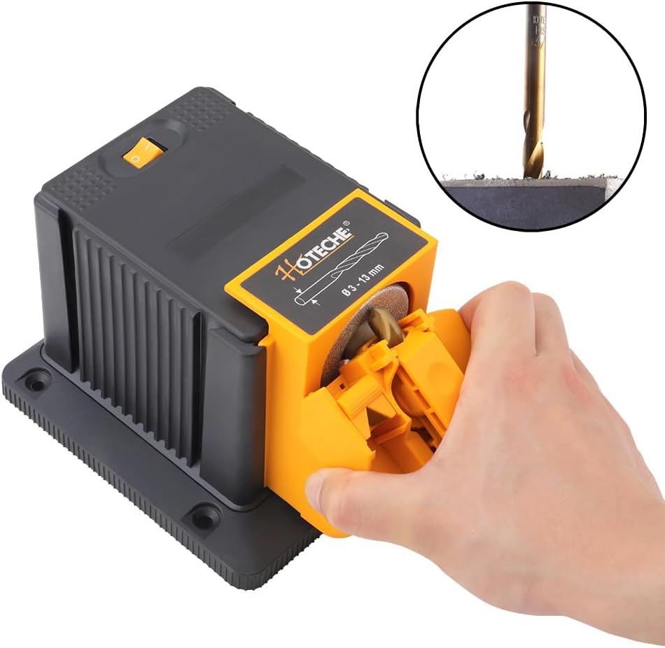 A hand sharpening a drill bit using the Hoteche sharpener's drill bit module.