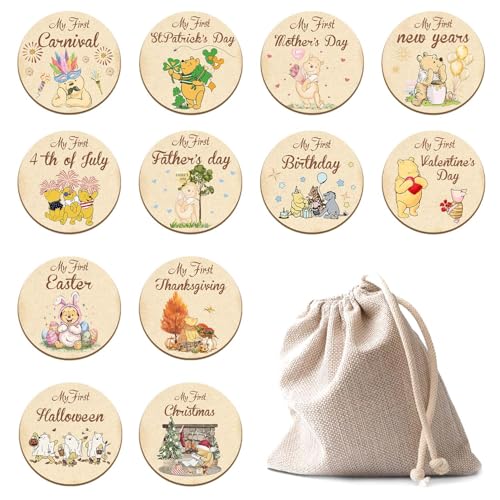 Image of Winnie 6PCS My First Holiday Milestone Signs, Pooh My First Holiday Baby Milestone Double Sided Baby Months Wooden Signs with Storage Bags, The Pooh Deck Wooden Discs Announcement Sign,Winnie Gifts