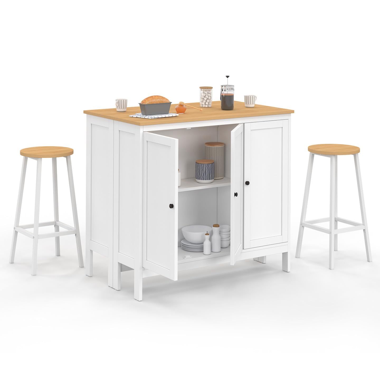 IDMarket – Conjunto de mesa de bar ilot Aquiles y 2 taburetes madera blanca bandeja forma haya