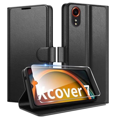Coiwxmoi für Samsung Galaxy Xcover 7 Hülle Mit 1 Stück Panzer Schutz Glas Wallet Premium PU Leder Handyhülle Standfunktion Schutzhülle Kartenfach Stoßfeste Klapphülle Flip Case Cover Schwarz