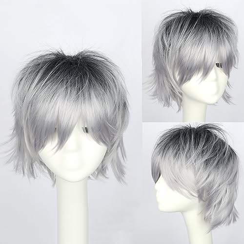 YEESHEDO Unisex Short Silver Grey Bob Anime Cosplay Character Wigs Full Natural Layer Straight Fluffy Hair Costume Party Fancy Dress Wig for Women Men Boy Girls