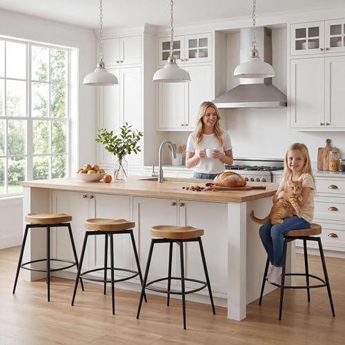 Image of 25 inch Swivel Backless Saddle Bar Stools Set of 2, Walnut | Solid Wood Saddle Seat with Metal Legs, Footrests and Non-Marking Feet for Kitchen Island