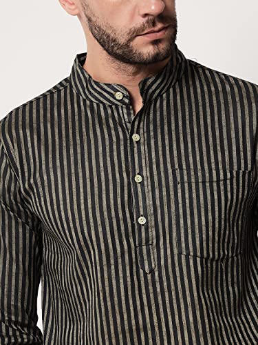 Image of Vastraa Fusion Men's Handloom Weaving Pure Cotton Short Kurta, Round Collar, Full Sleeves,Button Kurta, Ethnic Wear