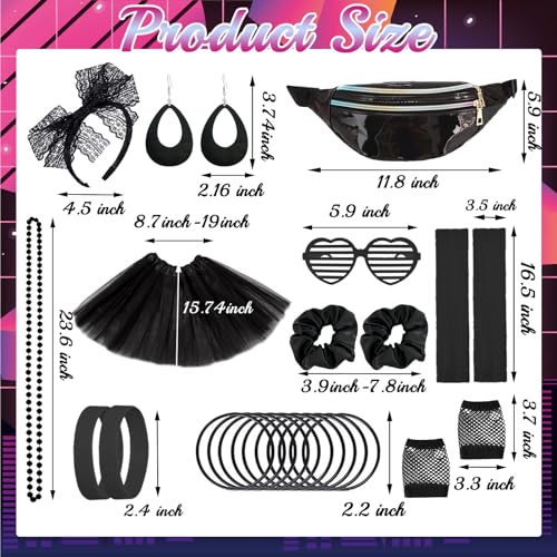 80s Costume Outfits Accessories Set for Girls, 1980s Fancy Dress Party Kits with T-shirt Tutu Bumbag Headband Earring Necklace Fishnet Gloves Leg Warmers Glasses Bracelet Scrunchies for Women Dress up - Image 2