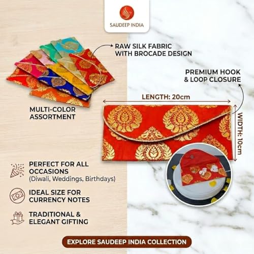 Image of SAUDEEP INDIA Pack of 5 Raw Silk Fabric Money Gift Envelopes for Wedding, Marriage, Haldi, Mehendi, Birthday & Festivals | Designer Cash Shagun Covers for Gifting | MultiColor Traditional Lifafa