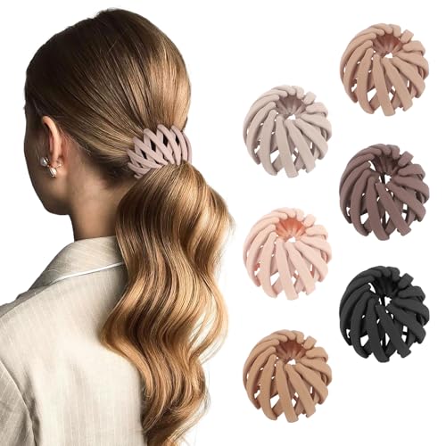 6Pcs Bird Nest Magic Hair Clips Hair Nest for Bun Strong Ponytail Holders Hair Accessories for Women Girls (Neutral Small)