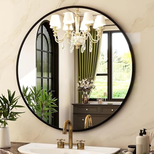HARRITPURE Round Mirror 30 Black Wall Mounted Circle Mirrors Vanity Mirror with Brushed Aluminum Alloy Frame Modern Decoration for Bathroom, Living Room, Vanity, Bedroom, Entryway - Image 6