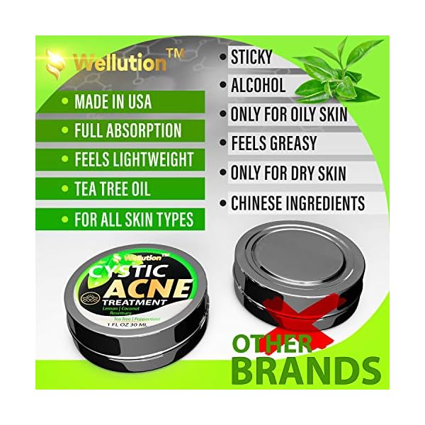 Cystic-Acne-Treatment-and-Acne-Scar-Remover-Made-in-USA-Effective-Face-Body-Severe-Acne-Cleanser-with-Tea-Tree-Oil-Prevent-Future-Breakouts-Natural-Acne-Spot-Pimple-Cream Wellution Cystic Acne Treatment Cream - Natural Pimple and Scar Remover with Tea Tree Oil - Effective Overnight Face Treatment for Acne Spots, Pimples and Scars - 1oz