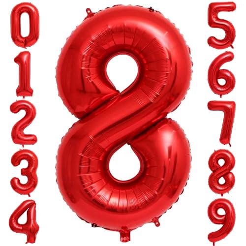 Image of Red 8 Number Balloons,40 Inch 8 Balloons Foil Mylar Helium Big Red 8 Balloon Number for Birthday Party Anniversary Decorations