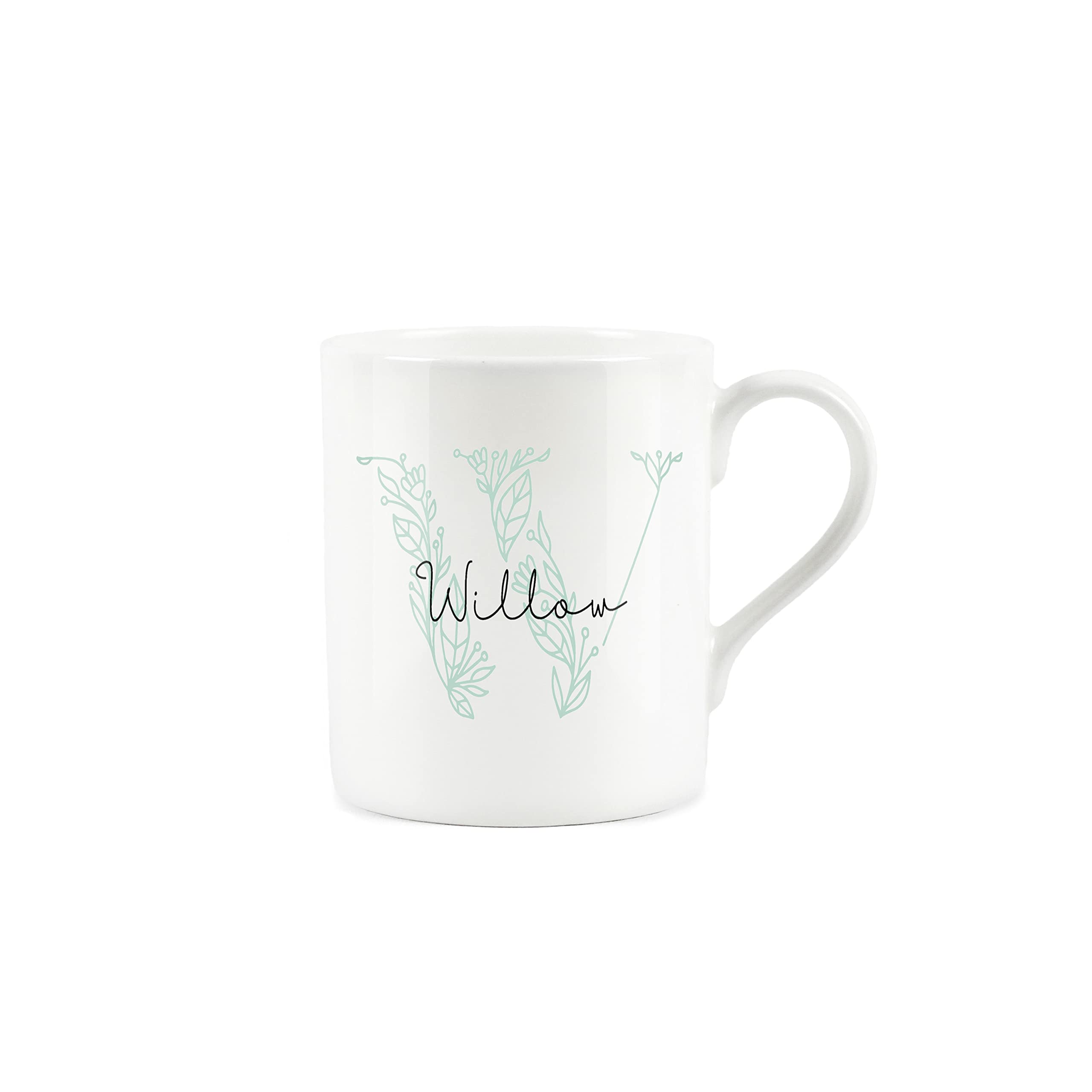 Personalised Mug, Custom Birthday Gift Mug, Name Bone China Mug, Floral Green Letter W Mug - Small Coffee Tea Mug Present Personalised Initial Gift