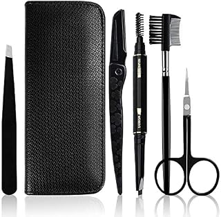 JamBer 5pcs Eyebrow Grooming Set, Tweezer, Curved Stainless Steel Scissors, Eyebrow Brush, Eyebrow Shaper, Eyebrow Pencil with Black Case, Eyebrow Kit for Men & Women