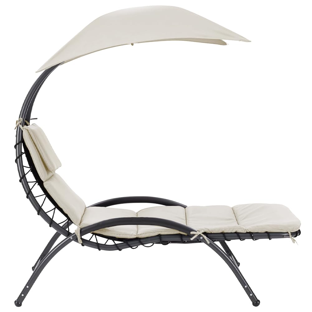 BAKAJI Lettino Sdraio Sospeso da Esterno con Cuscino Imbottito, Poltrona Amaca da Giardino Curva, Seduta Ergonomica e Ombrellone Parasole, Ideale per Patio, Balcone, Terrazzo (Beige)