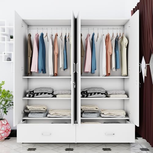 Image of VIKI Wardrobe | Wooden Almirah for 4 Door Wardrobe with 2 Split Drawer & Hanging Space (Frosty White - 40D x 160W x 180.8H) | 1 Year Warranty | Free Assembly