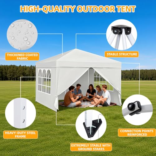 Image of 10x10 White Pop Up Canopy Tent 4 Sidewalls Height Adjustable Portable Gazebo One-Push Setup with Wheeled Bag for Summer Weddings, Backyard BBQ, Beach Camping, Poolside Parties