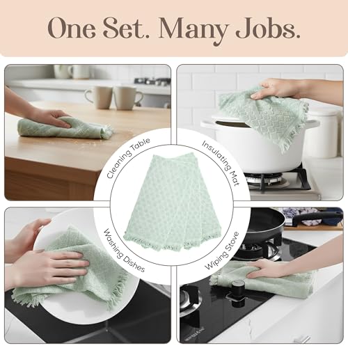 Image of Kitchen Towels, Set of 4 Hand Towels, Blue Diamond Pattern Drying Towels 18 x 28 Super Absorbent Cotton Hand Cloths with Fringed Edges, Everyday Essentials Kitchen Linens
