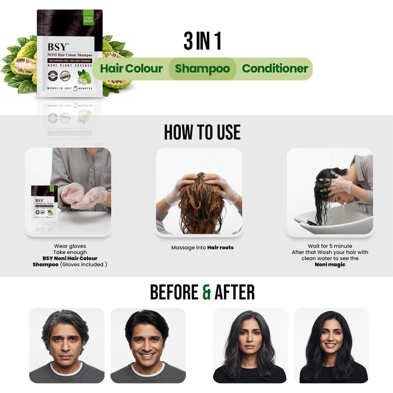 Image of BSY 5-Min 3 IN 1 Natural Hair Color Shampoo Brown | Ammonia Free Long Lasting Hair Color Noni Fruit Extract Based Herbal | No Hair Loss, Grey Coverage Hair Dye Shampoo for Women & Men (20ml-10 Sachet)