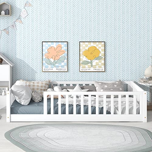 Twin Size Floor Bed Frame For Kids Wood Montessori Floor Beds, Twin Platform Bed With Slats And Fence Without Door, Twin Playhouse Bed For Boys Girls, No Box Spring Needed, White #TOP17